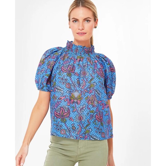 Roller Rabbit Tops - Roller Rabbit Blue Amanda Star Ansley Top Size Large Short Sleeve Mockneck
